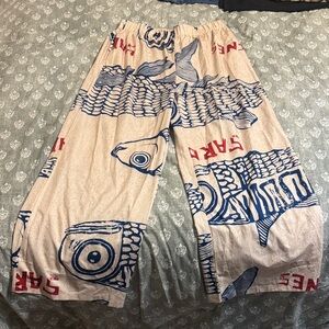 Beige and Blue Graphic Print Pants
